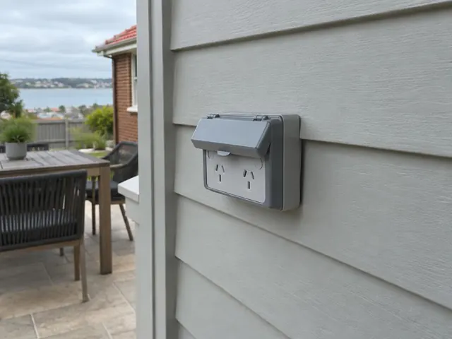 Outdoor double power point on weatherboard wall beside a deck with water view in Stockton